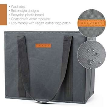 Gramercy Kitchen Reusable Grocery Bags Reusable Shopping Bags, Tote Bags, Reusable Bags - Extra Long Handles - Set of 3 Large Shopping Bags - Reinforced Sides & Bottom - Collapsible - Washable - Grey