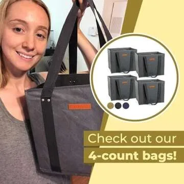 Gramercy Kitchen Reusable Grocery Bags Reusable Shopping Bags, Tote Bags, Reusable Bags - Extra Long Handles - Set of 3 Large Shopping Bags - Reinforced Sides & Bottom - Collapsible - Washable - Grey