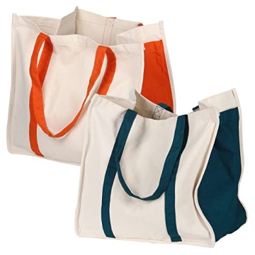 Anleo Reusable Cotton Canvas Grocery Tote Bags with Side Pockets, Large Utility Tote Bag for Shoppin...