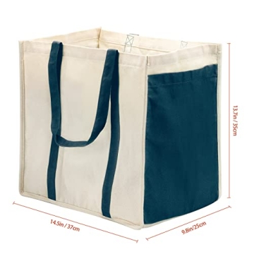 Anleo Reusable Cotton Canvas Grocery Tote Bags with Side Pockets, Large Utility Tote Bag for Shopping, Beach, Picnic