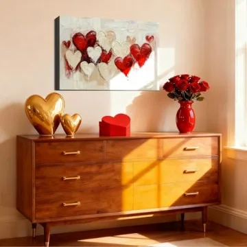 RIBNTAK Valentine’s Day Framed Canvas Wall Art 8x12 - Romantic Red Heart Design Perfect for Home D...