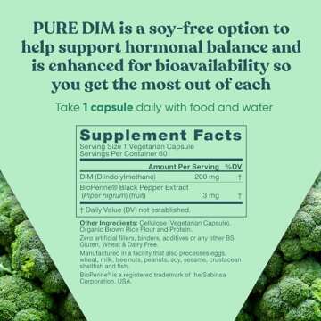 DIM Supplement Pure 200 Mg for Women or Men – Estrogen Hormone Balance Supplement for Energy, Fatigue, Stress, Menopause, Hot Flashes – Enhanced Bioavailability BioPerine – 60 Vegan Soft Capsules