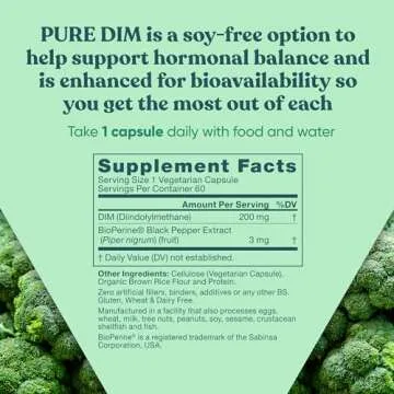 DIM Supplement Pure 200 Mg for Women or Men – Estrogen Hormone Balance Supplement for Energy, Fatigue, Stress, Menopause, Hot Flashes – Enhanced Bioavailability BioPerine – 60 Vegan Soft Capsules