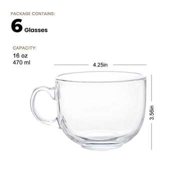 Maredash 16oz Glass Jumbo Mugs With Handle For Coffee, Tea, Soup,Clear Drinking Cup,Set of 6