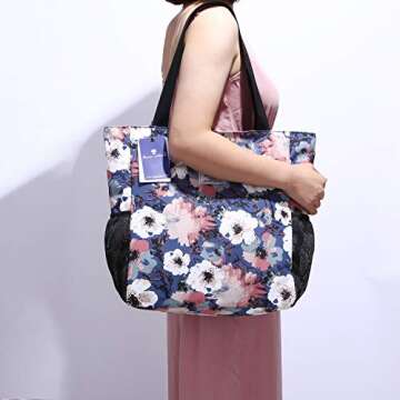 ESVAN Original Floral Water Resistant Large Tote Bag Shoulder Bag for Gym Beach Travel Daily Bags Upgraded