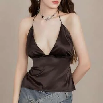 Pivanzore Women's Y2K Lace Cami Tank Top Sexy Spaghetti Strap Crop Camisole Backless Bustier 2024 Summer Going Out Tops Brown