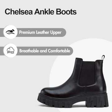 Jeossy Women's Chelsea Boots, Leather Ankle Boots, 9620L - Black, Size 8 US - Lug Sole Platform Chunky Heel Booties (DJY9620L Black 08)