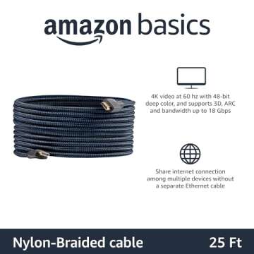 Amazon Basics HDMI Cable 25ft, 4K HDMI 2.0 Cord (18Gbps), Nylon-Braided, 4K@60Hz, 2160p, 48 bit, Com...