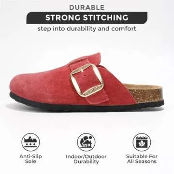 Project Cloud Genuine Leather Clogs for Women Shoes - Memory Foam Insole Womens Clogs - Non-Slip Women's Clogs and Mules - Cork Footbed Arch Support Fall Shoes for Women 2025 (Manchester, Berry, 8.5)