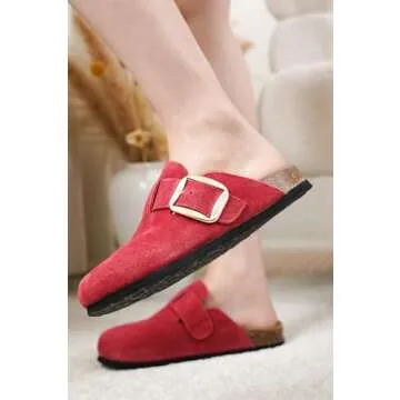 Project Cloud Genuine Leather Clogs for Women Shoes - Memory Foam Insole Womens Clogs - Non-Slip Women's Clogs and Mules - Cork Footbed Arch Support Fall Shoes for Women 2025 (Manchester, Berry, 8.5)