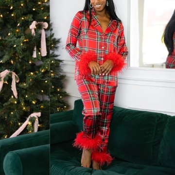Luxurious Silk Women Pajama Set with Feather Trim