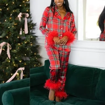 Luxurious Silk Women Pajama Set with Feather Trim