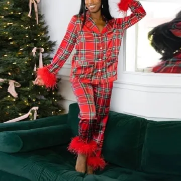 Luxurious Silk Women Pajama Set with Feather Trim