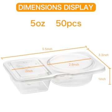 JUSTASHOW 50 Pack Double Compartment Condiment Container with Lid, 5oz Disposable Small Snack Contai...