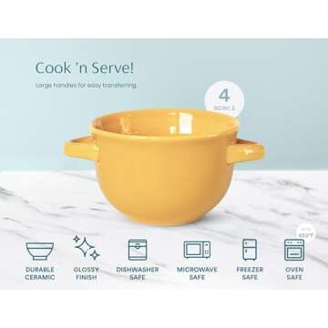 KooK 18 oz Soup Bowls - Oven Safe Ceramic Set of 4