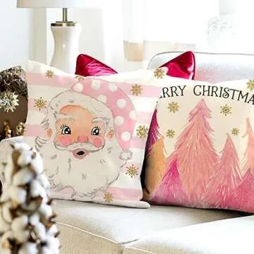 PANDICORN Pink Christmas Pillow Covers 18x18 Set of 4 Nutcracker Christmas Decor Christmas Tree Santa Claus Sleigh Decorations Winter Holiday Decorative Cushion Case for Living Room Couch Sofa