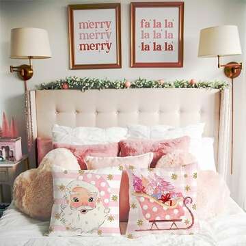 PANDICORN Pink Christmas Pillow Covers 18x18 Set of 4 Nutcracker Christmas Decor Christmas Tree Santa Claus Sleigh Decorations Winter Holiday Decorative Cushion Case for Living Room Couch Sofa