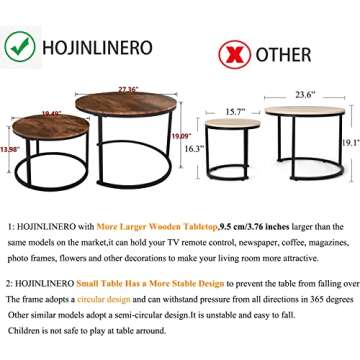 HOJINLINERO Industrial Round Coffee Table Set of 2 End Table for Living Room,Stacking Side Tables, S...