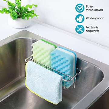 KESOL Adhesive Kitchen Sink Sponge Holder + Dish Cloth Hanger + Soap Holder, 2-in-1 Kitchen Sink Cad...