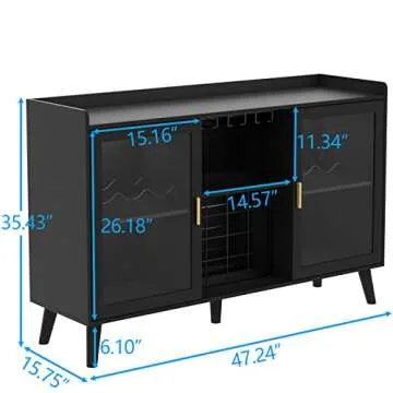 Auromie Wine Bar Cabinet with Led Light, Home Coffee Cabinet with Wine and Glass Rack, Kitchen Buffet Sideboard with Storage Shelves, Freestanding Liquor Cabinet for Living Room, Dining Room (Black)