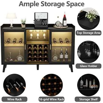 Auromie Wine Bar Cabinet with Led Light, Home Coffee Cabinet with Wine and Glass Rack, Kitchen Buffet Sideboard with Storage Shelves, Freestanding Liquor Cabinet for Living Room, Dining Room (Black)
