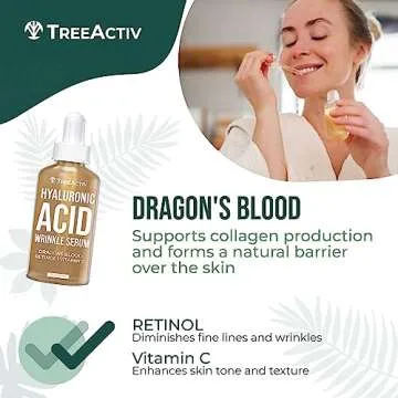 Hyaluronic Acid Wrinkle Serum, Vitamin C Serum for Face with Hyaluronic Acid, Retinol Serum for Face for Skin Elasticity, Fine Lines, and Dark Spots, Wrinkle Serum, 60-Day Supply TreeActiv