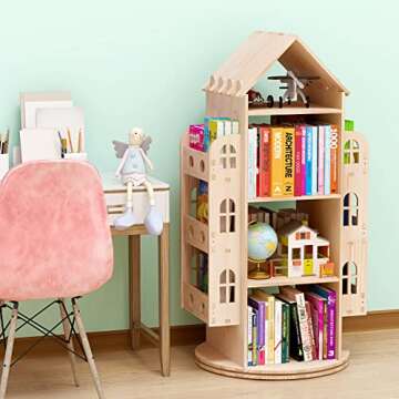 Bear Qiaqia Rotating Bookshelf, Kids Bookshelf, 360 Display Floor Standing Bookcase Storage Rack Chi...