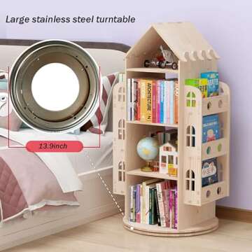 Bear Qiaqia Rotating Bookshelf, Kids Bookshelf, 360 Display Floor Standing Bookcase Storage Rack Children's Bookshelf, Wood Storage Organizer for Kids