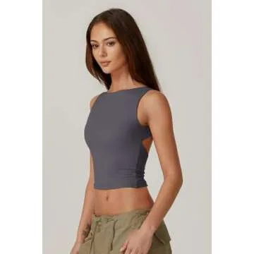 QINSEN Going Out Tank for Women Sleeveless Open Back Trendy Cropped Tops Dark Grey L