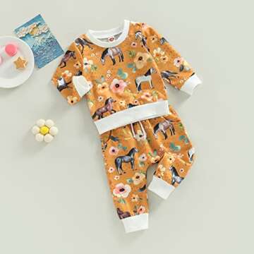 Newborn Baby Girl Western Clothes Set Floral Cow Print Long Sleeve Crew Neck Tops Elastic Waist Pants Outfits (Turmeric Flower Horse, 12-18 Months)