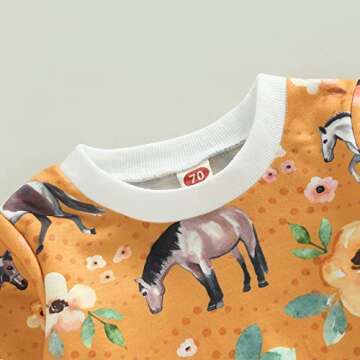 Newborn Baby Girl Western Clothes Set Floral Cow Print Long Sleeve Crew Neck Tops Elastic Waist Pants Outfits (Turmeric Flower Horse, 12-18 Months)