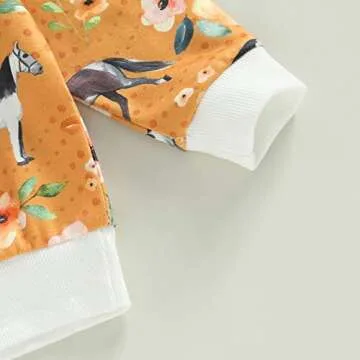 Newborn Baby Girl Western Clothes Set Floral Cow Print Long Sleeve Crew Neck Tops Elastic Waist Pants Outfits (Turmeric Flower Horse, 12-18 Months)