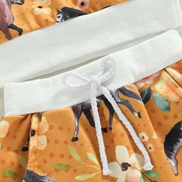 Newborn Baby Girl Western Clothes Set Floral Cow Print Long Sleeve Crew Neck Tops Elastic Waist Pants Outfits (Turmeric Flower Horse, 12-18 Months)