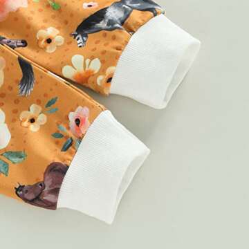 Newborn Baby Girl Western Clothes Set Floral Cow Print Long Sleeve Crew Neck Tops Elastic Waist Pants Outfits (Turmeric Flower Horse, 12-18 Months)