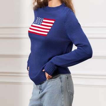 Women Y2K American Flag Sweaters Long Sleeve Round Neck Flag Print Knit Pullover Sweater Vintage Loo...