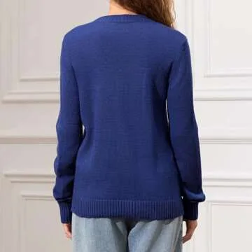 Women Y2K American Flag Sweaters Long Sleeve Round Neck Flag Print Knit Pullover Sweater Vintage Loose Jumper Tops