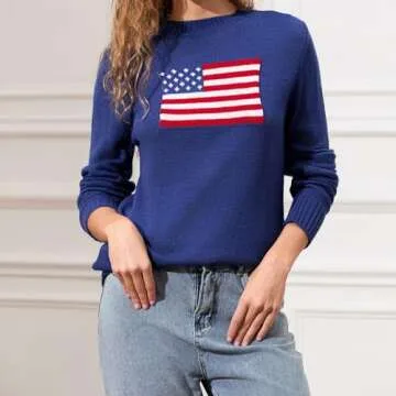 Women Y2K American Flag Sweaters Long Sleeve Round Neck Flag Print Knit Pullover Sweater Vintage Loose Jumper Tops