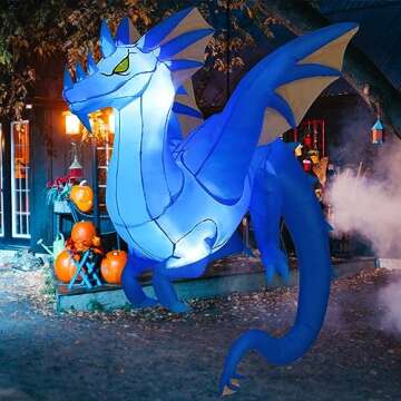 GOOSH 5FT Tall Halloween Inflatables Dragons Outdoor Decorations Blow Up Yard The Hanging Dragon with Built-in LEDs for Indoor Party Garden Lawn Decor(Blue)