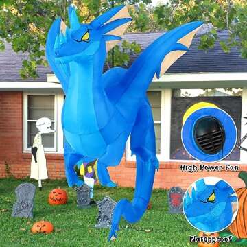 GOOSH 5FT Tall Halloween Inflatables Dragons Outdoor Decorations Blow Up Yard The Hanging Dragon with Built-in LEDs for Indoor Party Garden Lawn Decor(Blue)