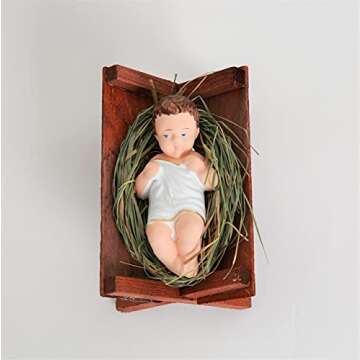 Polish Gallery Baby Jesus in Wooden Manger Laying on Natural Hay Small 4-inch Nativity Figurine