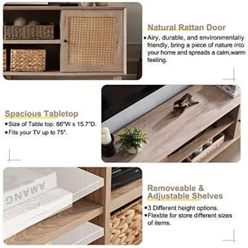 OKD TV Stand for 75+ Inch TV, Mid Century Modern Entertainment Center with Natural Rattan Door, Storage Shelves, Large Boho Media TV Console, Long Television Stand for Living Room, Oak
