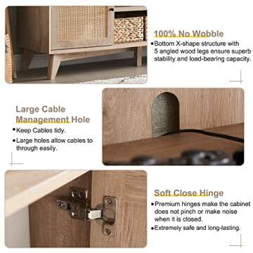 OKD TV Stand for 75+ Inch TV, Mid Century Modern Entertainment Center with Natural Rattan Door, Storage Shelves, Large Boho Media TV Console, Long Television Stand for Living Room, Oak