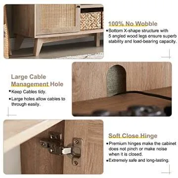 OKD TV Stand for 75+ Inch TV, Mid Century Modern Entertainment Center with Natural Rattan Door, Storage Shelves, Large Boho Media TV Console, Long Television Stand for Living Room, Oak