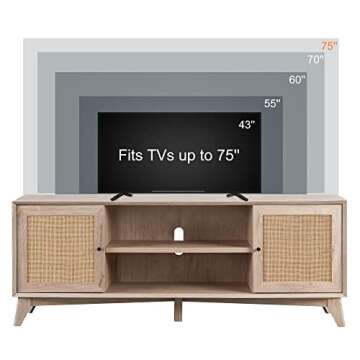 OKD TV Stand for 75+ Inch TV, Mid Century Modern Entertainment Center with Natural Rattan Door, Storage Shelves, Large Boho Media TV Console, Long Television Stand for Living Room, Oak