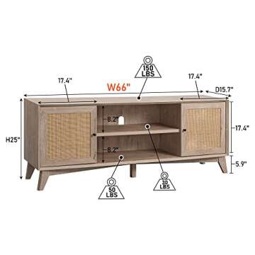 OKD TV Stand for 75+ Inch TV, Mid Century Modern Entertainment Center with Natural Rattan Door, Storage Shelves, Large Boho Media TV Console, Long Television Stand for Living Room, Oak