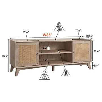 OKD TV Stand for 75+ Inch TV, Mid Century Modern Entertainment Center with Natural Rattan Door, Storage Shelves, Large Boho Media TV Console, Long Television Stand for Living Room, Oak