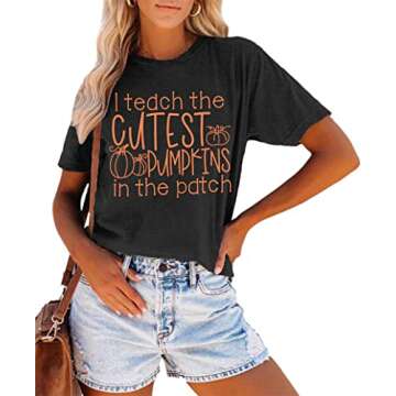Halloween Teacher Shirts Women Cutest Pumpkins Graphic Tees Short Sleeve Fall Shirt Tops Teacher Gift(Grey,Small