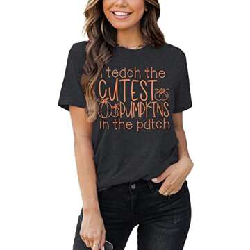 Halloween Teacher Shirts Women Cutest Pumpkins Graphic Tees Short Sleeve Fall Shirt Tops Teacher Gift(Grey,Small