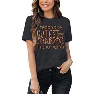 Halloween Teacher Shirts Women Cutest Pumpkins Graphic Tees Short Sleeve Fall Shirt Tops Teacher Gift(Grey,Small