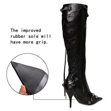 Kluolandi Women's Stiletto High Heel Knee High Boots with Tassel Pointy Toe Studded Zipper Booties Dress Shoes